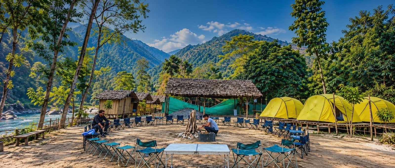 Wilderness camping beside river in Bhutan
